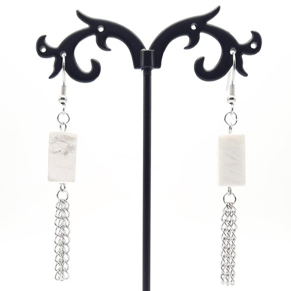 Hand Crafted Jewelry - Howlite Rectangle Chakra Healing Gemstone Dangle Drop Earrings Handmade Jewelry